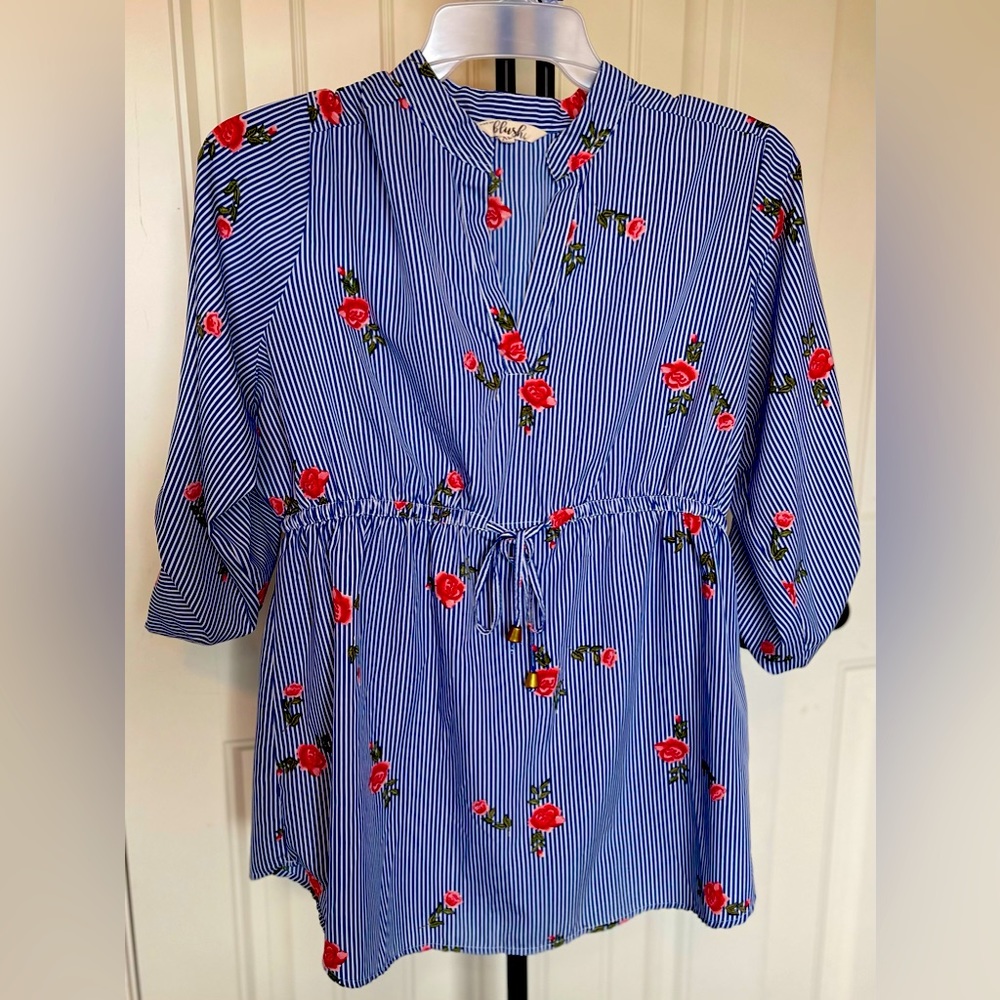 Women’s floral long sleeve high-low Hint of Blush Blue & Pink Plus Size XL Shirt